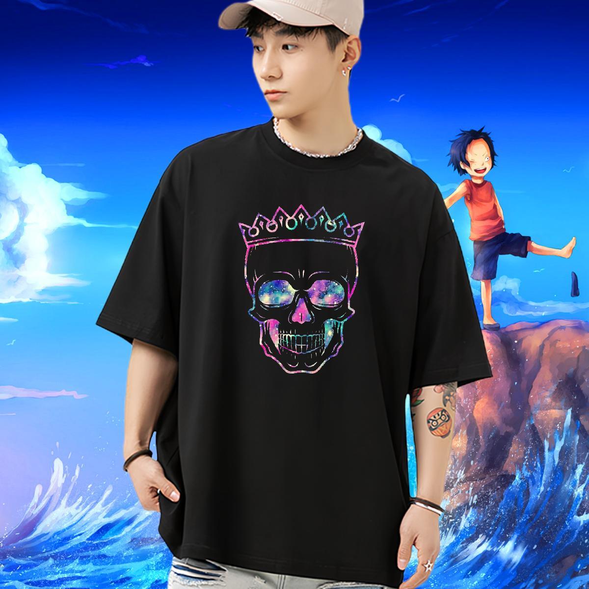 New T Shirt For Man skull Tops Tees 100% Cotton 230g High Street Hip Hop Wholesale Black White Breathable Short Sleeve Tshirts