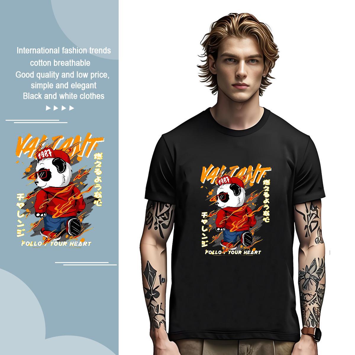 T Shirts Men 100% Cotton 230g panda Street Casual Breathable Crew Neck Black White Couples T Shirts Designer Comfortable Tshirts