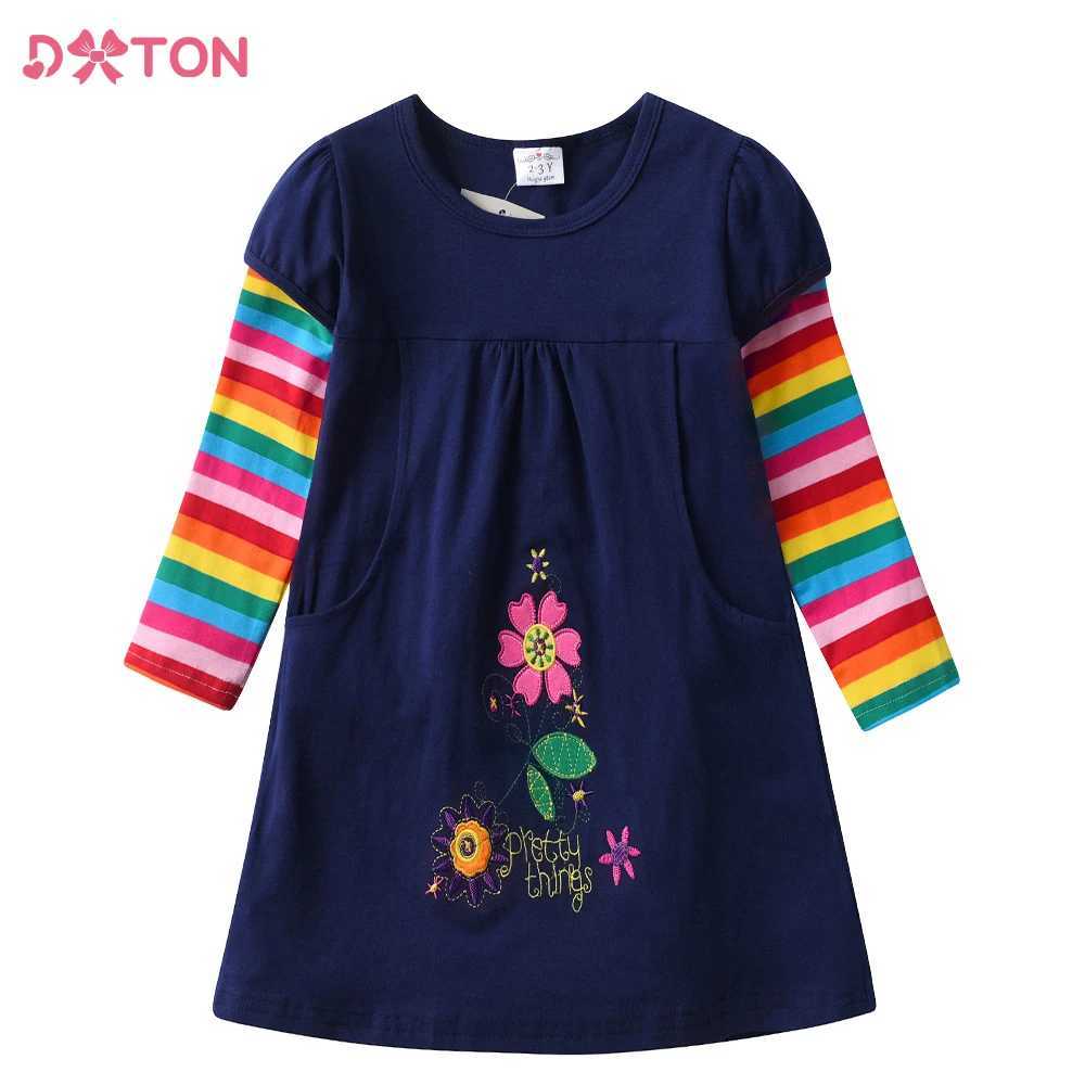 DXTON girls floral embroidered dress childrens floral dress pocket girls rainbow striped cotton casual daily dress childrens clothingW240720