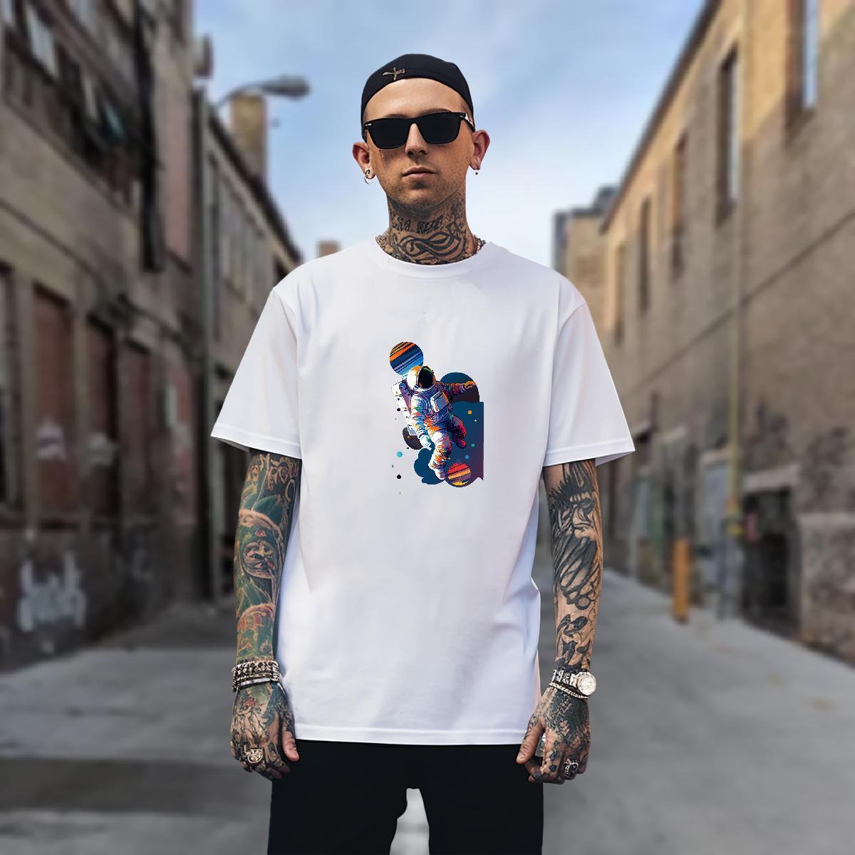 T-Shirts 230g Pure Cotton cosmonaut Summer Casual Breathable Black White Men Tops Tees New Loose Fit Tee Shirt