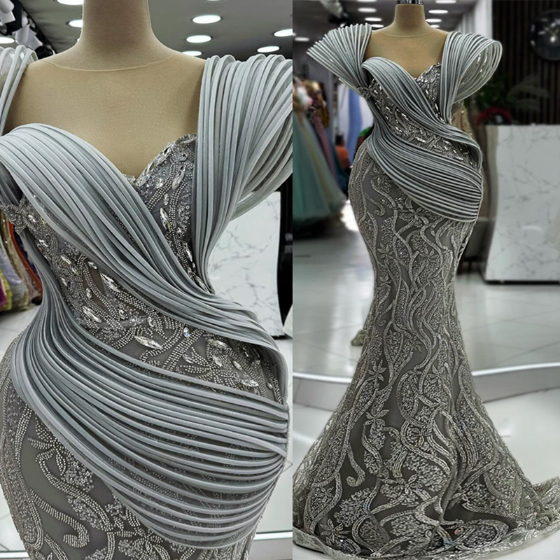 2024 Plus Size Silver Prom Dress Mermaid Promdress Evening Formal Gowns Illusion Beaded Lace Spaghetti Straps Birthday Party Dress Second Reception Go