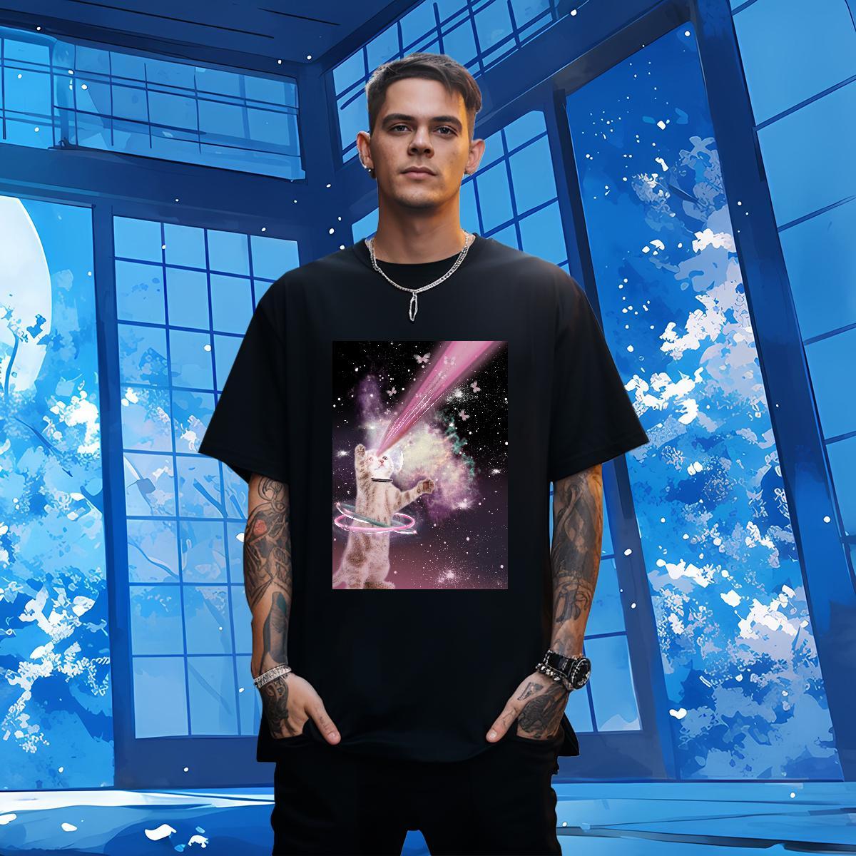 T shirt 230g 100% Cotton cat Street Casual O Neck Short Sleeves Black Oversized Tshirt for Man Woman Fashion Design TOP Quality Tees