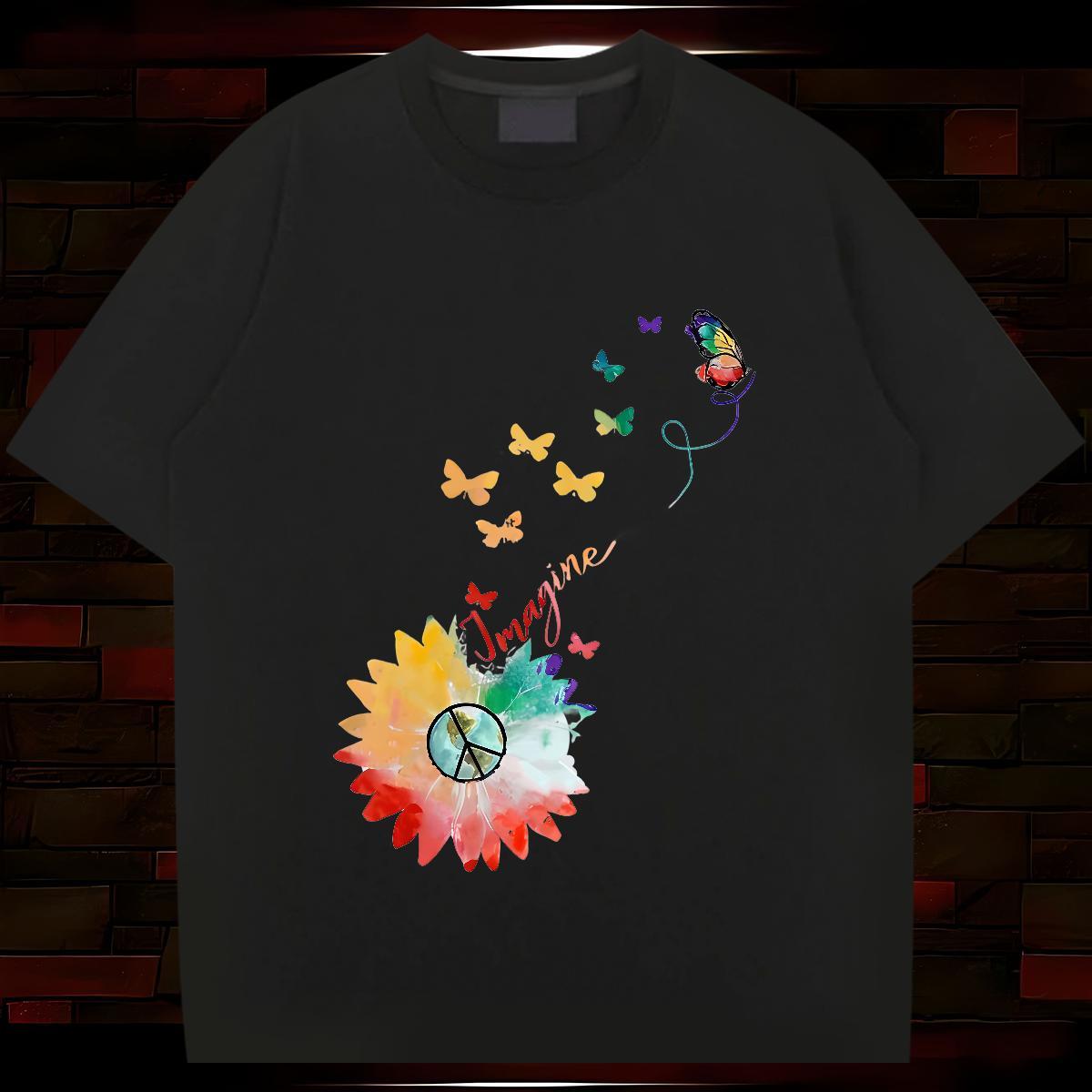 New T-Shirts 230g 100% Cotton Butterfly Casual Tops Breathable Short Sleeve Soft Men Tshirts Floral Print
