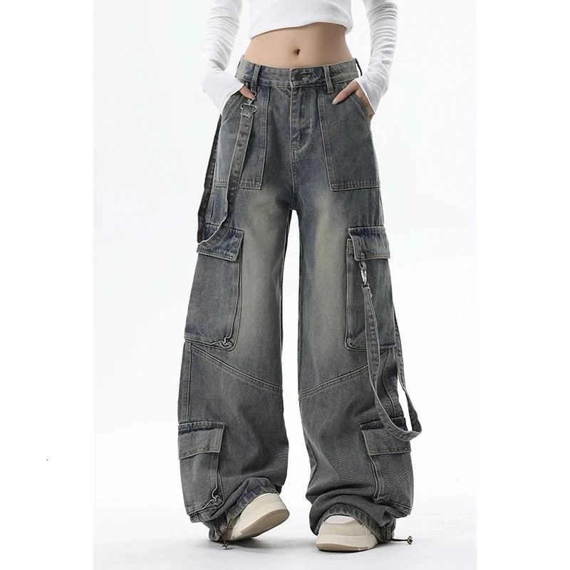 Women Vintage Blue Gothic Cargo Jeans Y2k Wide Leg Denim Pants Oversize 2000s High Waist Jeans Korean Baggy Trousers 90s Jeans 240806