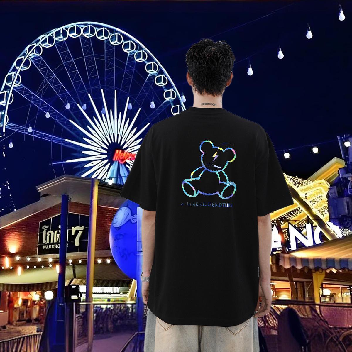 New T Shirts Men 230g Pure Cotton bear Casual Beach Tops Crew Neck Designer Men Tees Floral Print
