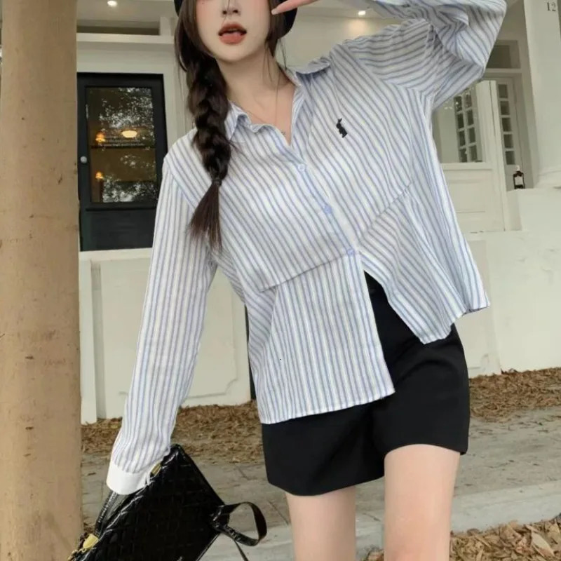Deeptown Vintage Long Sleeve Striped Shirts Youthful Woman Korean Style Y2k Blouses Japanese Harajuku Fashion Female Tops Summer 240806