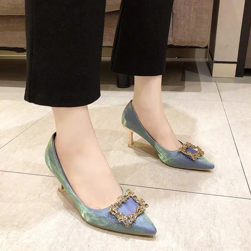 Sexy sequin rhinestone beige wedding shoes 7cm high heels womens thin high heels 240802