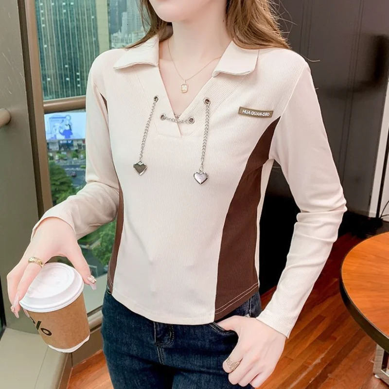 Spring Womens Polo Neck Tee Shirt Autumn Streetwear Clothes T Shirts for Women Long Sleeve Korean Fashion Clothing Casual Top 240806