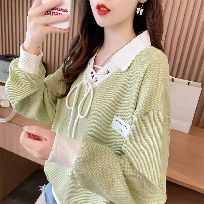 Spring Summer Contrast Lacing Loose T Shirts Polo Neck Long Sleeve Patchwork Trend Tops Tees Casual Fashion Women Clothing 240806