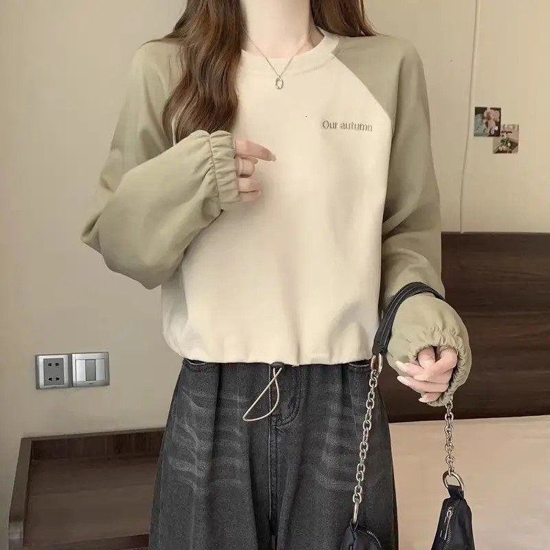 Office Lady Contrast Color Pullover Letter Embroidered Lantern Long Sleeve Womens Clothing Casual Loose Hoodies Round Neck Tops 240806
