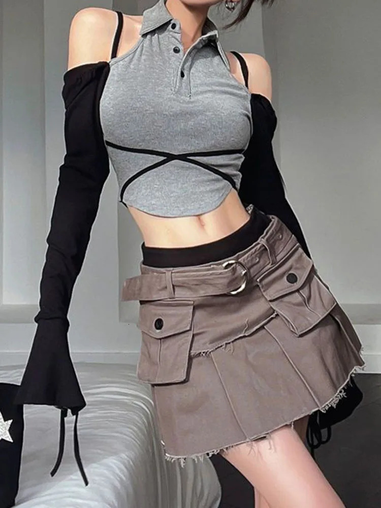 Home>Products>Womens Long Sleeve Ribbon Polo Shirt>Korean Fashion Contrast Patch Work Belt>Ultra Thin Y2k Street Clothing 240827