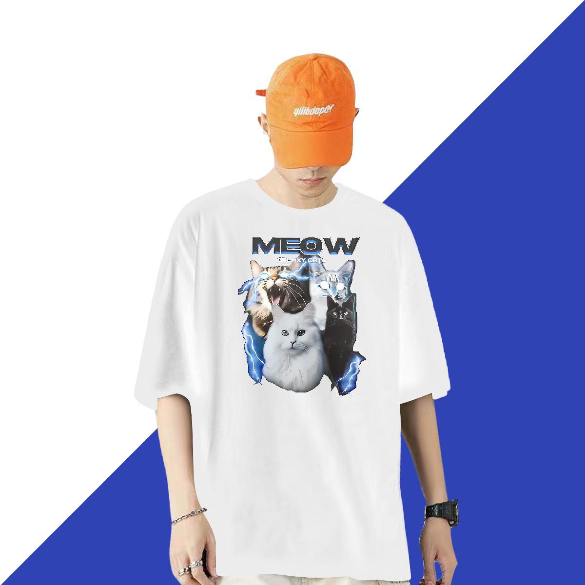 Casual New Man T Shirts 230g Pure Cotton cat High Street Hip Hop Tee Shirt O-Neck Short Sleeve Cool Design Mens Tshirts DIY