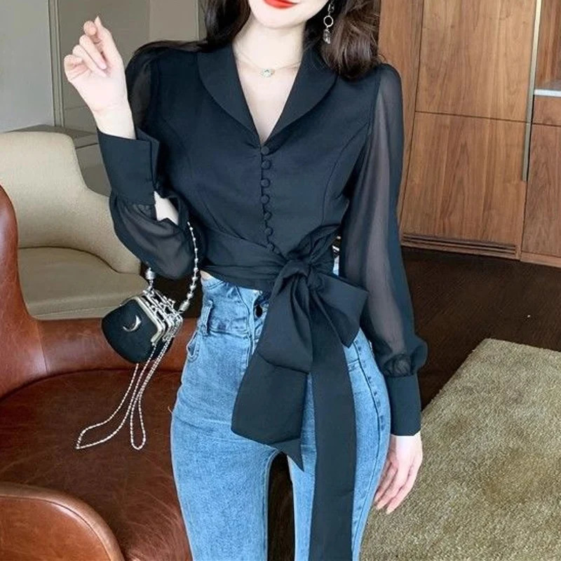 Spring and summer solid color womens polo neck long sleeved fashionable button patch work cardigan elegant lace bow Y2K top 240827