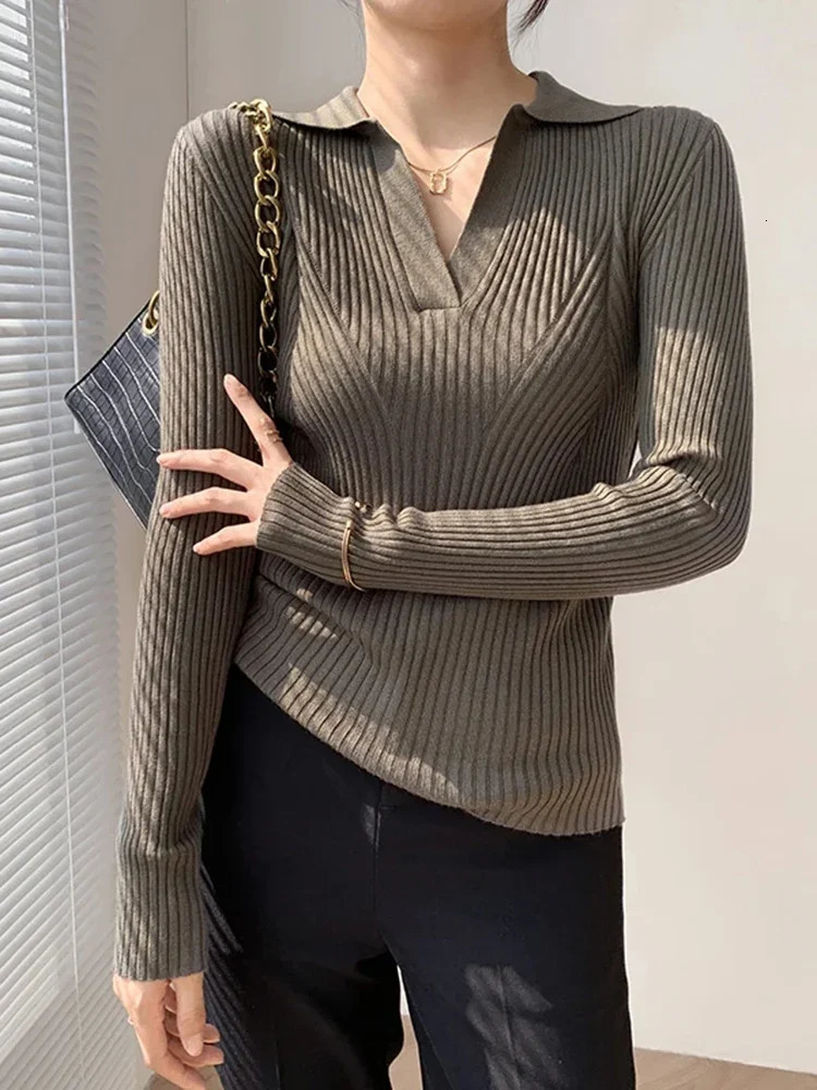 Korean Elegant Women Slim Fit Solid Color Knitted Top Fashion Polo Neck Long Sleeved Womens Pit Knitted Shirt Autumn and Winter 240806