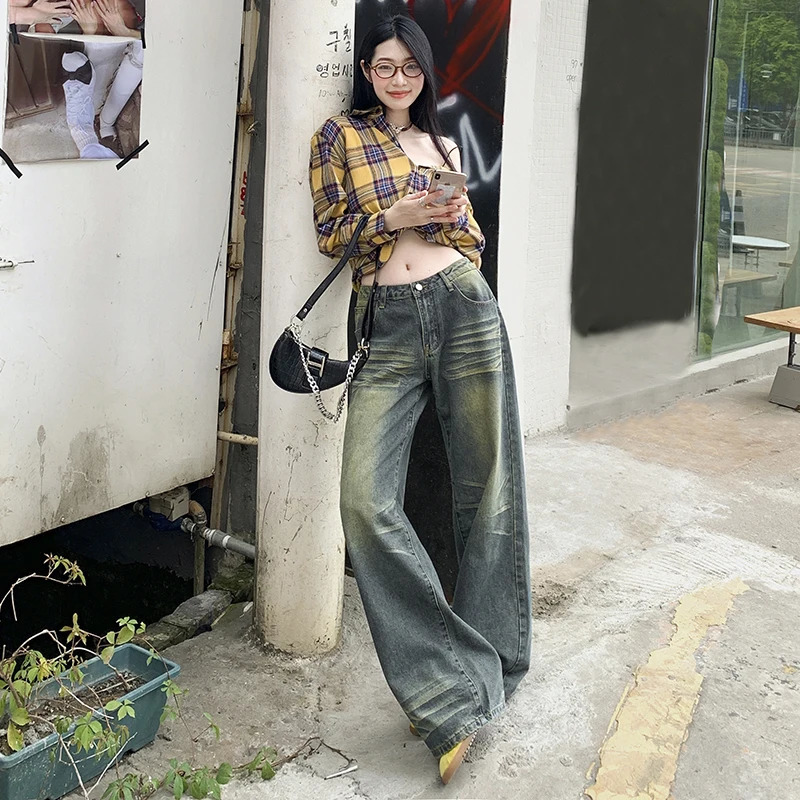 WCFCX STUDIO American Vintage Fashion Women Jeans Y2k Autumn Elegant Oversized Baggy Denim Trousers Casual Hip Hop Pants 240806