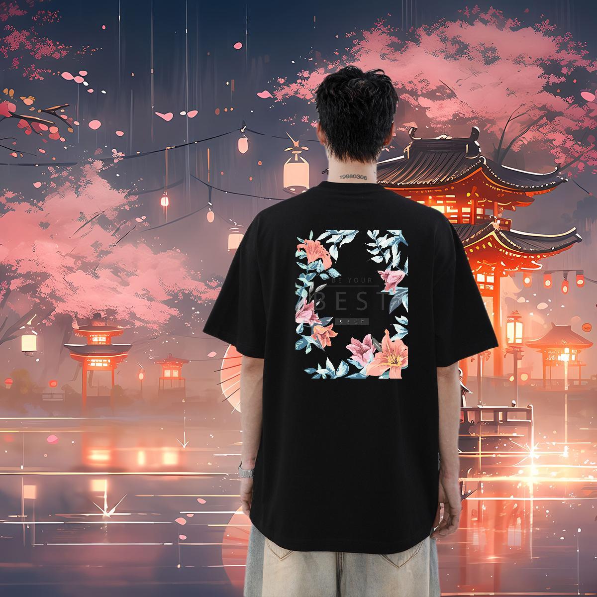 Casual New Man T Shirts 230g Cotton flower Street Casual Tops Tees Breathable Short Sleeve Cool Design Men Tops Tees Plus Size Cartoon