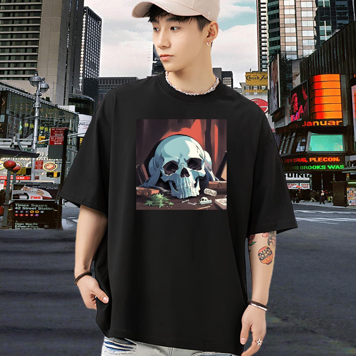 Fashion Casual Men T Shirts skull Tops Shirt 230g Pure Cotton Anime Printing Street Cool Graphic Breathable Crew Neck Men Tshirts