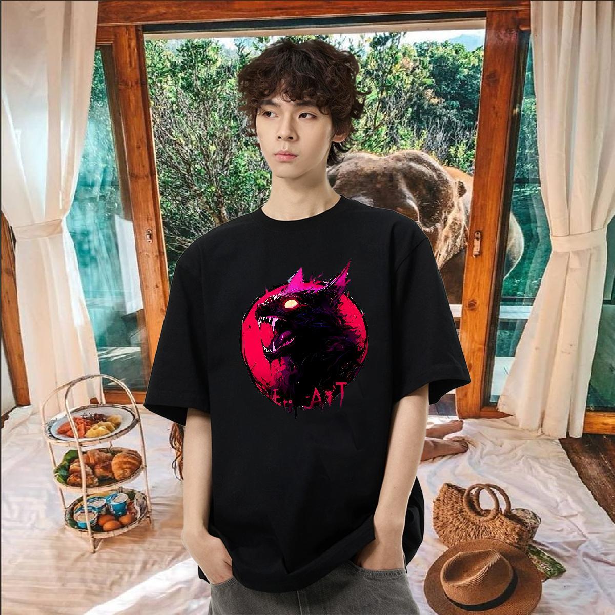 2024 New T Shirts Men 100% Cotton 230g wolf Anime Printing Street Tees Shirts Short Sleeve Soft High Quality Tshirts DIY Logo Oversized