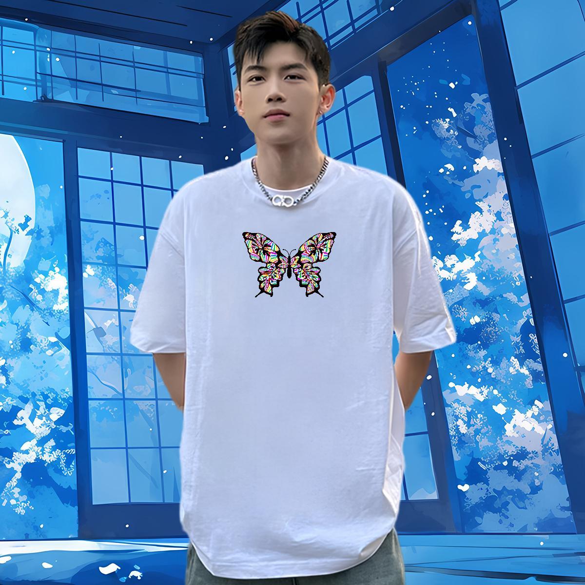 Customized T Shirts Men 230g Pure Cotton Butterfly Street Top Tees Short Sleeve O-Neck High Quality Tshirts Oversized 3XL 4XL