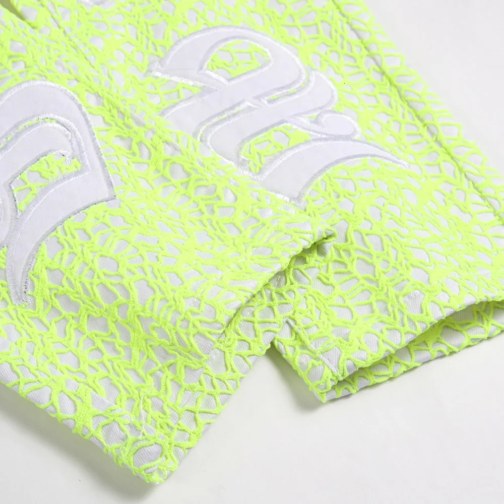 Men Y2K Neon Greeen Denim Jeans Streetwear Spider Web Letters Embroidery Pants Slim Straight Trousers 240806