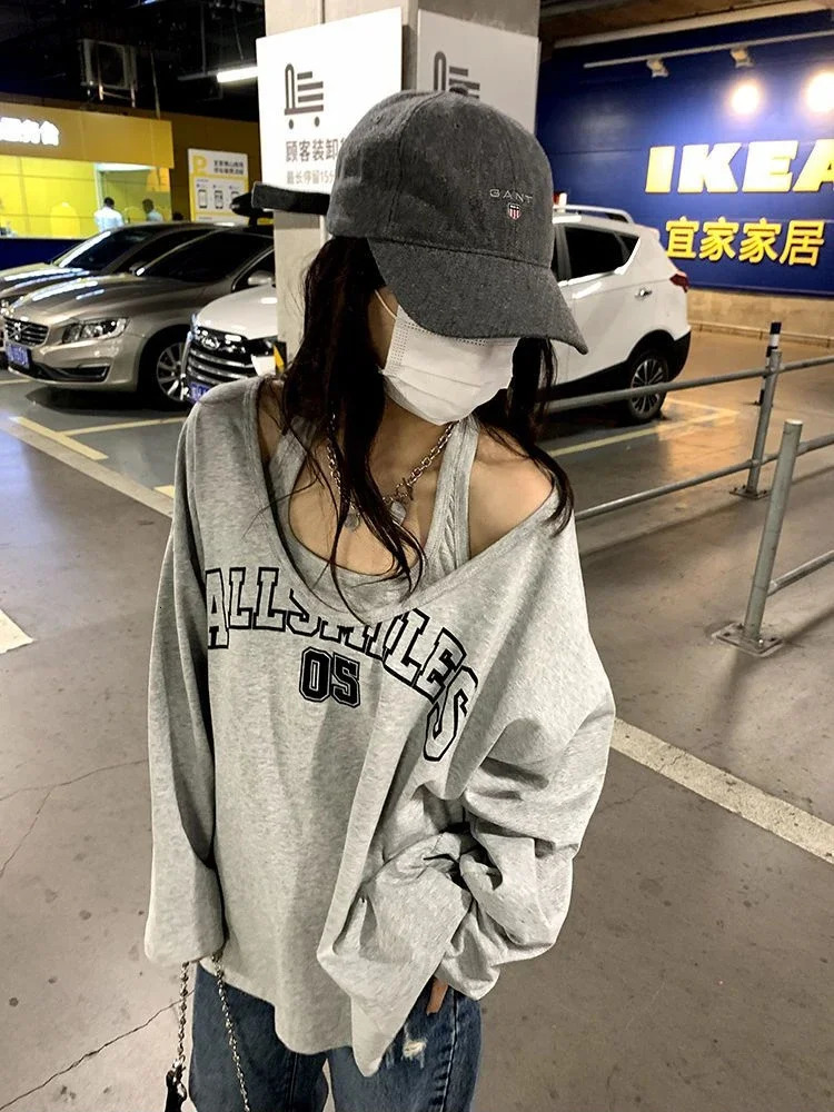 Y2K Two Pieces Set Oversized Women T-Shirts Spring Long Sleeve Halter Letter Print Sweatshirt Ladies Casual Loose Harajuku Tops 240806