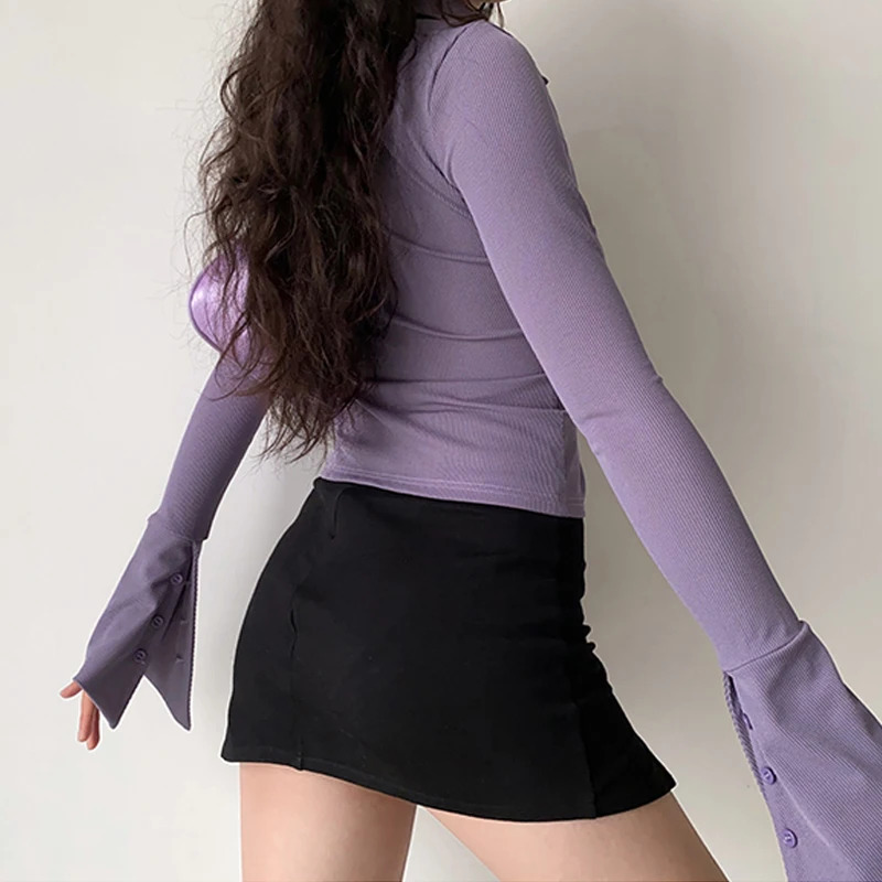 Purple Polo Turn Down Collar Flared Long Sleeve Blouses And Shirts Women Vintage Elegant Y2k Button Spring Autumn Tops Cardigan 240806