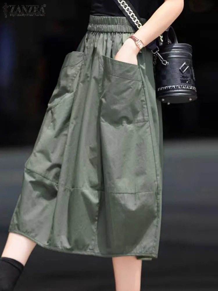 ZANZEA Women Cargo Long Skirt Casual Loose Elastic Waist Midi Skirts Holiday Solid Korean Jupe Summer Straight Pleats Falda 240806