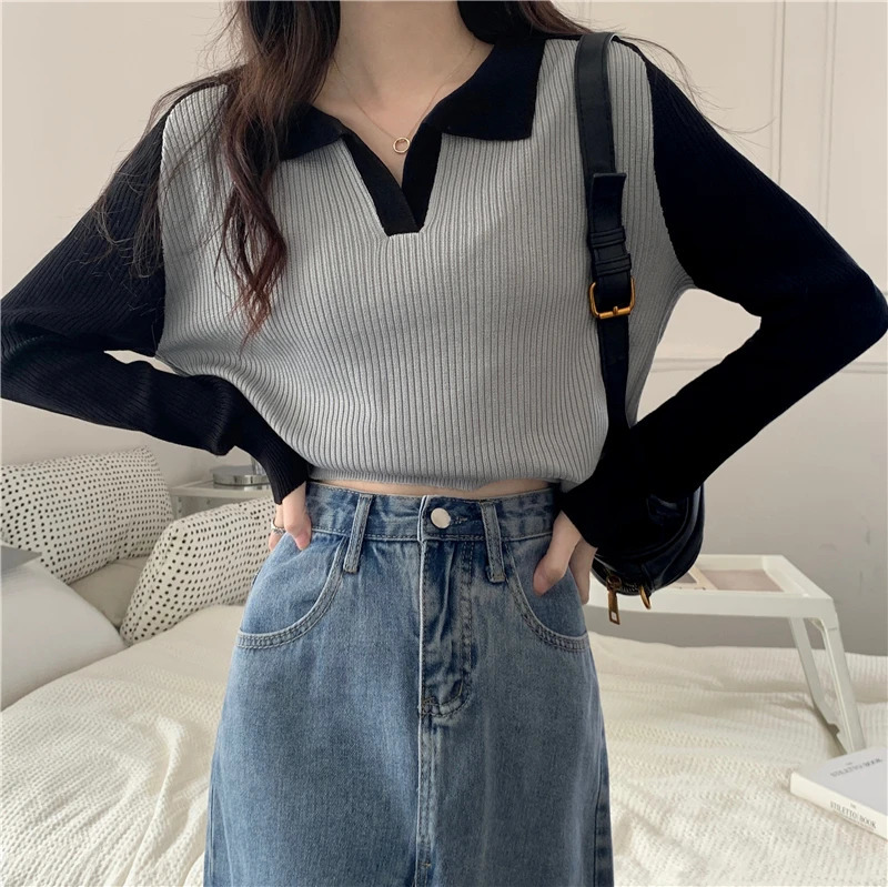 Womens Autumn Colorful Lock Polo Collar Long Sleeve Knitted Womens Top T-shirt Y2k Top 240827
