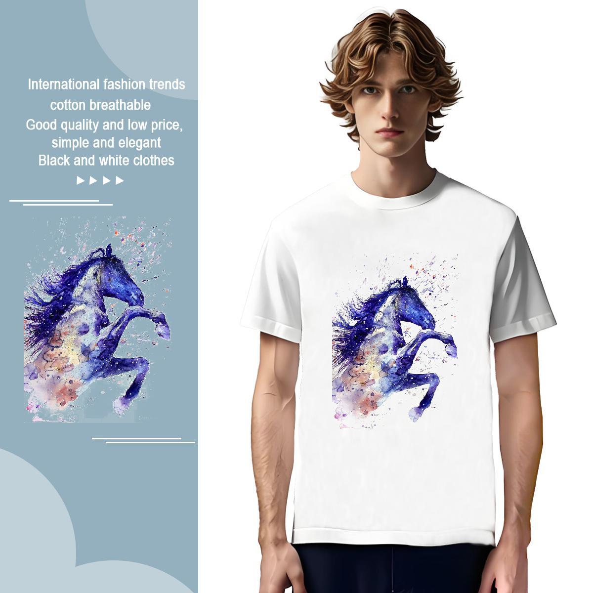 Man T Shirts 100% Cotton 230g horse Casual Daily Wear Breathable Soft Black White Men Clothes T-Shirt Fashion Cool Design Top Tees