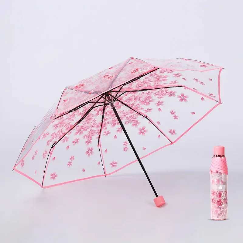 New Folding Umbrella Transparent Sakura Anti-literature Folding Umbrella Wind And Water Resistant UmbrellaXJ240806