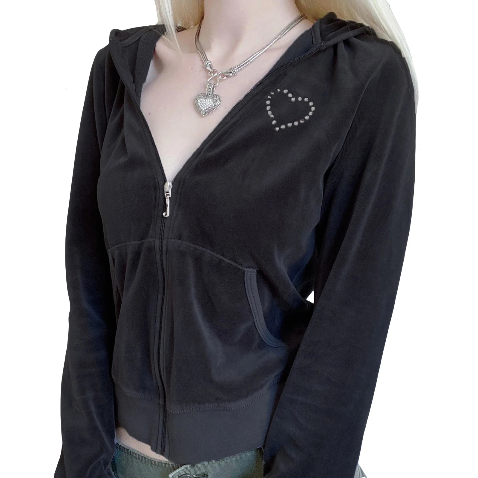 Womens Hooded Coat Long Sleeve Zipper Heart Side Pockets Fall Spring Street Casual Loose Short Velvet Coat 240806