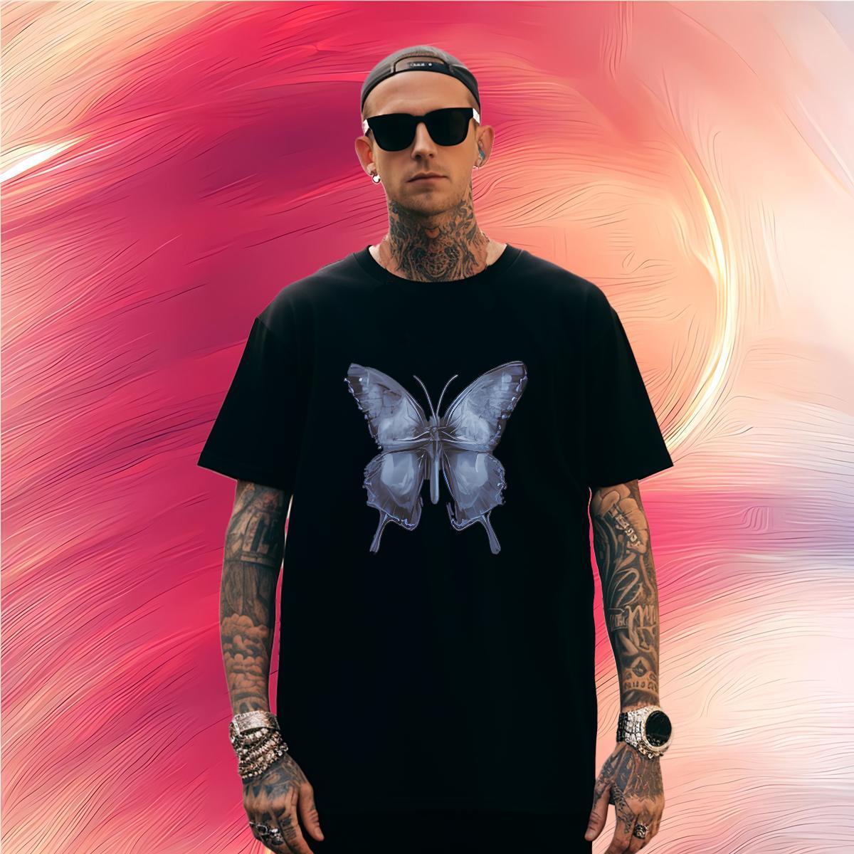 T-Shirts for Men 230g Cotton Butterfly Street Wear Breathable Short Sleeve Cartoon Printing L-4XL Tshirt for Man Woman 2024 New Classic Tops Tees