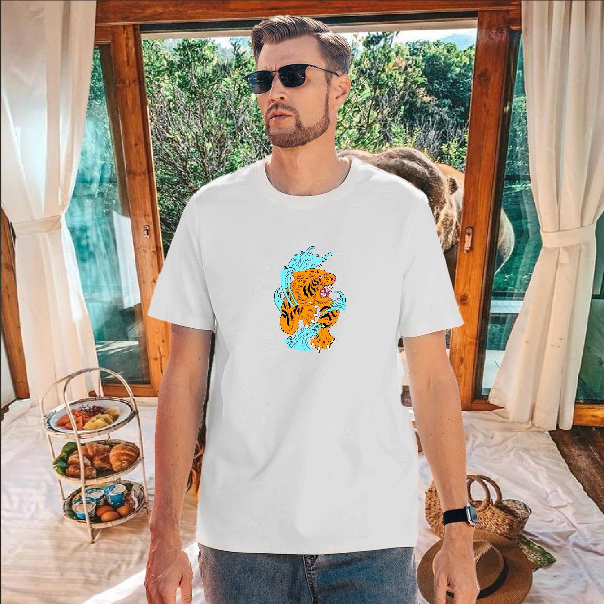 DIY Men T Shirts 100% Cotton 230g tiger Casual Beach Tops Shirt Round Neck Short Sleeve Free Shipping Men Tees Oversized