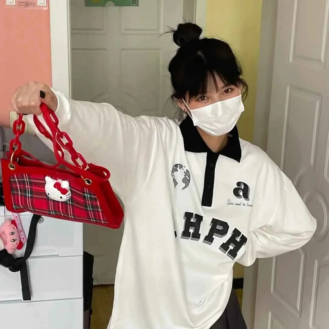 Harajuku style letter printed womens zipper Y2k white fully matched womens polo shirt campus style fashionable long sleeved sports top 240827