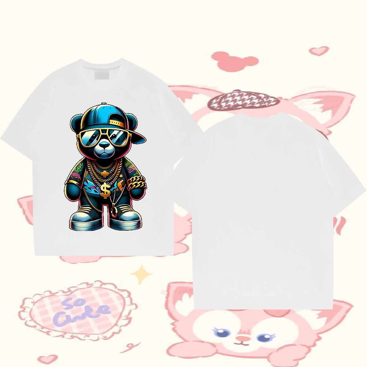 Free Shipping T-Shirts 100% Cotton 230g bear Street wear Hip Hop Tops Tees Short Sleeve O-Neck Brand Men Clothes T-Shirt Floral Print