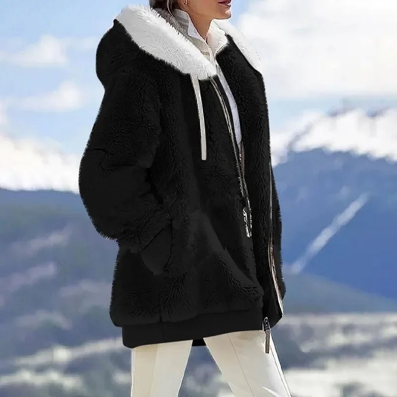 2024 Winter Fashion Women's Coat New Casual Hooded Zipper Clothes Cashmere Women Fleece Jacket Solid Color Ladies CoatsF86#35