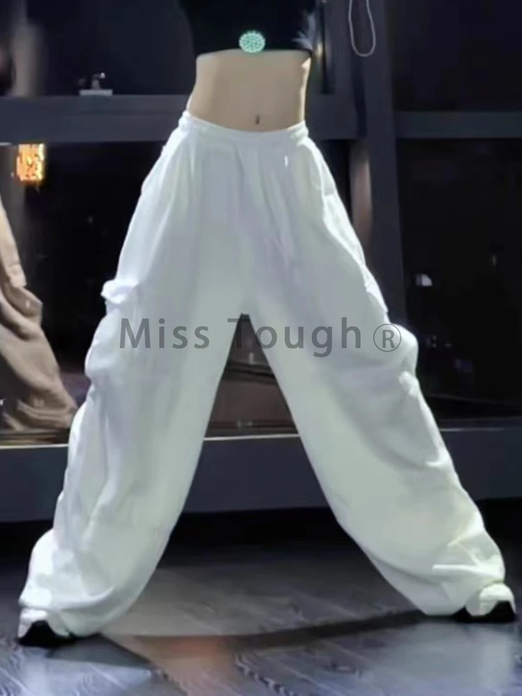 American Style Dance White Cargo Jeans Women Summer Pure Color Loose Leg Straight Trousers Female Street Y2k Leg Mopping Pants 240806