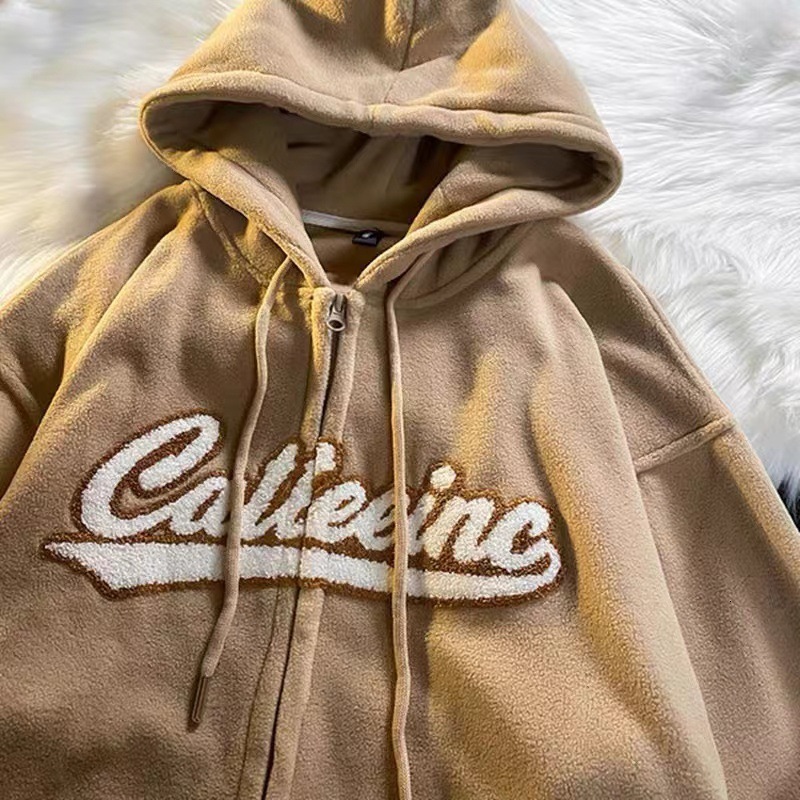 Autumn/Winter Shake Fleece Hooded Zipper Milk Yellow Sweatshirt Women's Small Oversize Plush Cardigan Coat Top