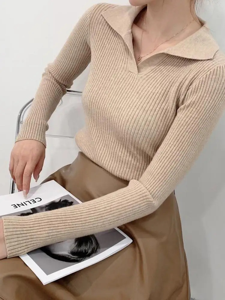 AOSSVIAO Womens Autumn Winter Pullover Solid Base All Match Sweater Lapel Polo Neck Knitted Bottoming Top 240806