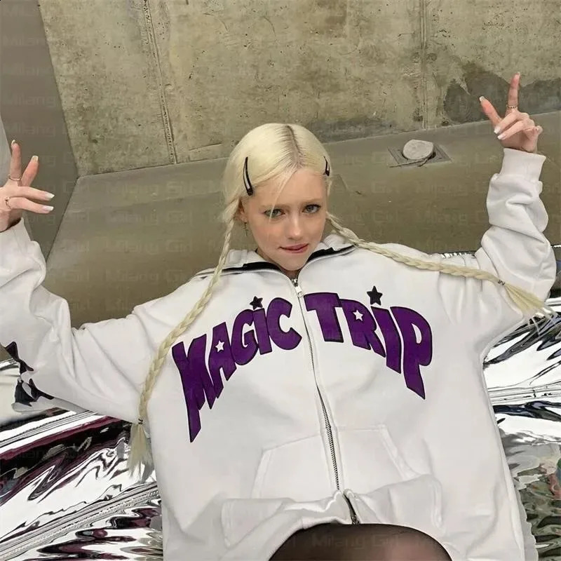 Zip Up Y2K Street Retro Clothing Women Gothic Black Zip Up Oversized Sweatshirts Female Retro Harajuku Hooded Jacket Streetwear 240805
