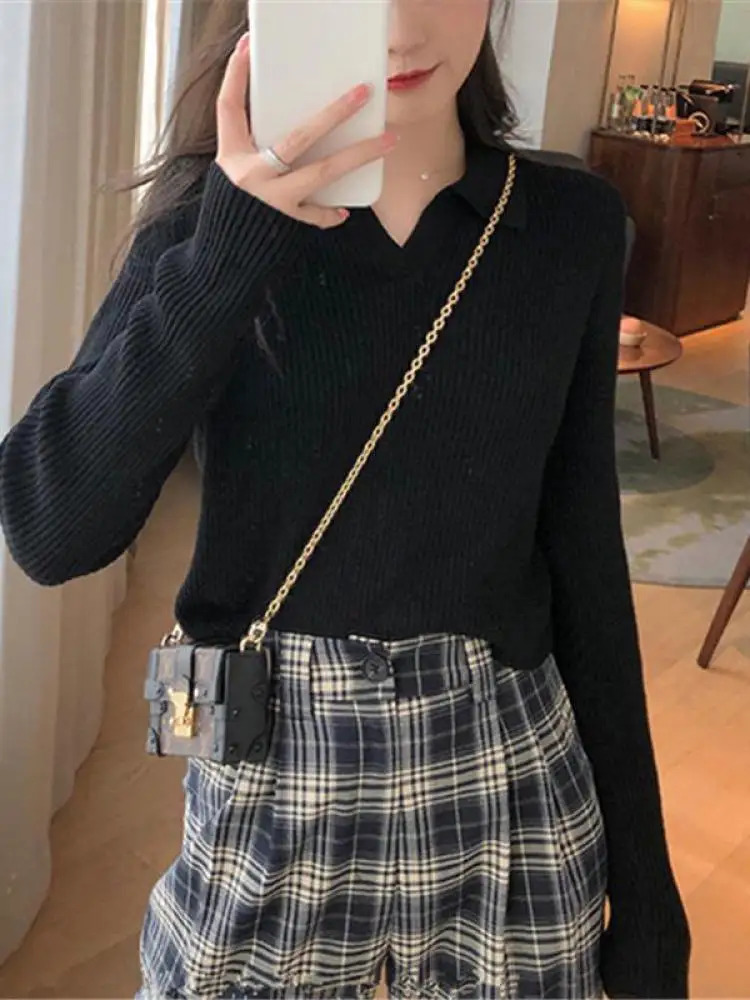 AOSSVIAO Womens Autumn Winter Pullover Solid Base All Match Sweater Lapel Polo Neck Knitted Bottoming Top 240806