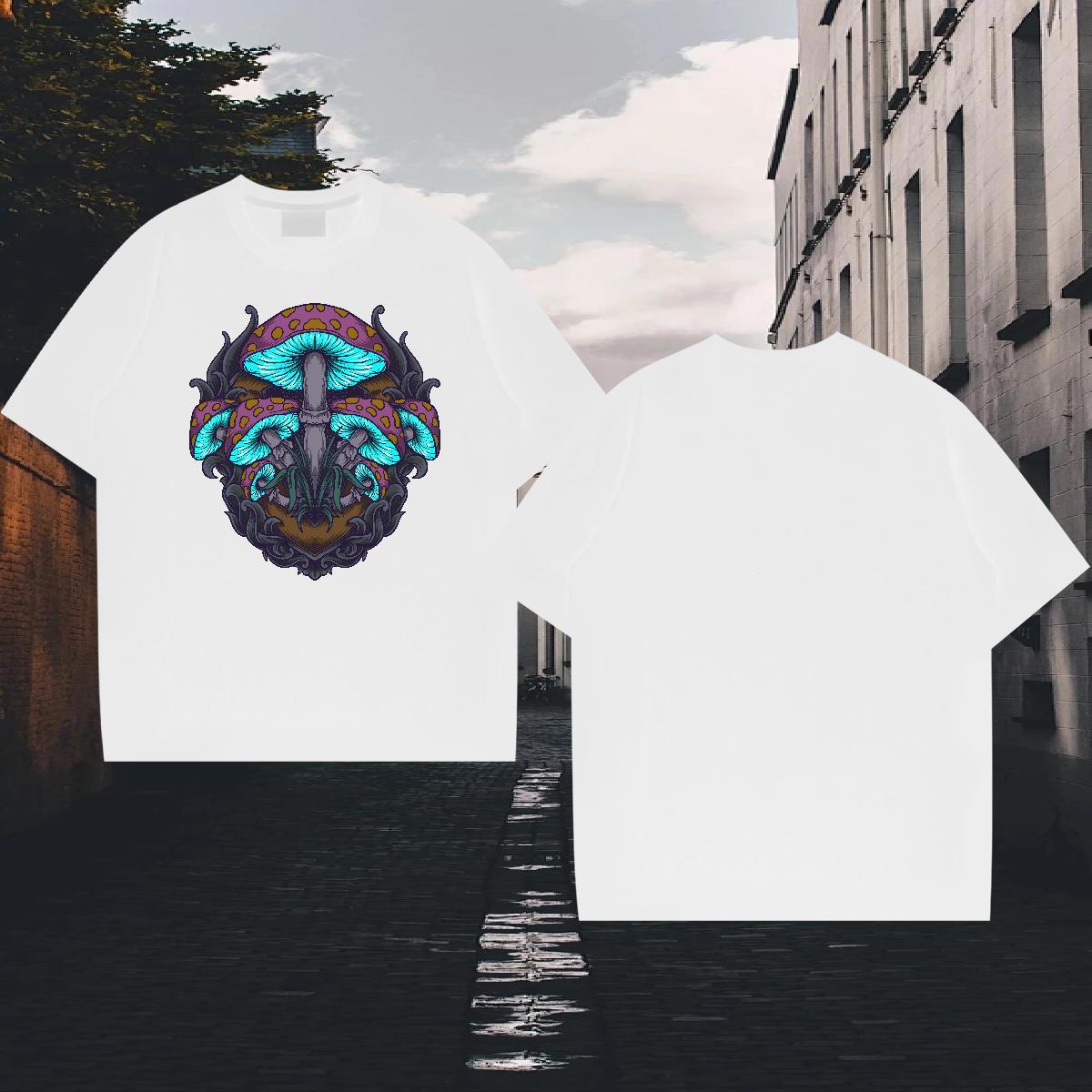 Fashion Men T Shirts 100% Cotton 230g mushroom Street Wear Polos O-Neck Short Sleeve Popular Couples T Shirts Black White