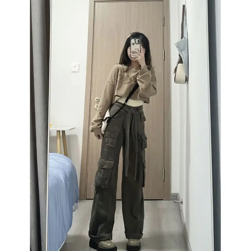 150cm Petite girls American High Street Workwear Jeans Women low-Waisted Straight-leg Wide-leg Mopping The Floor XS Appear High 240806