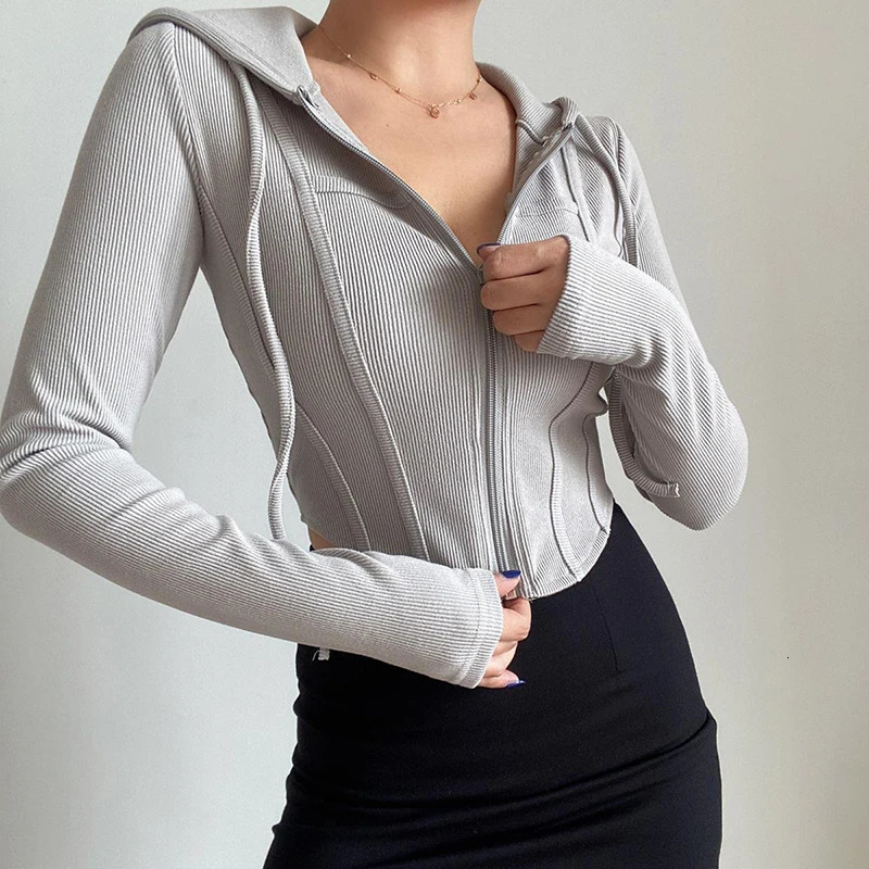 Streetwear Slim Fit Cropped Jacket Women Korean Fashion Long Sleeve Hooded Crop Top Woman Wild Ribbed Zipper Up Sweatshirt Mujer 240806