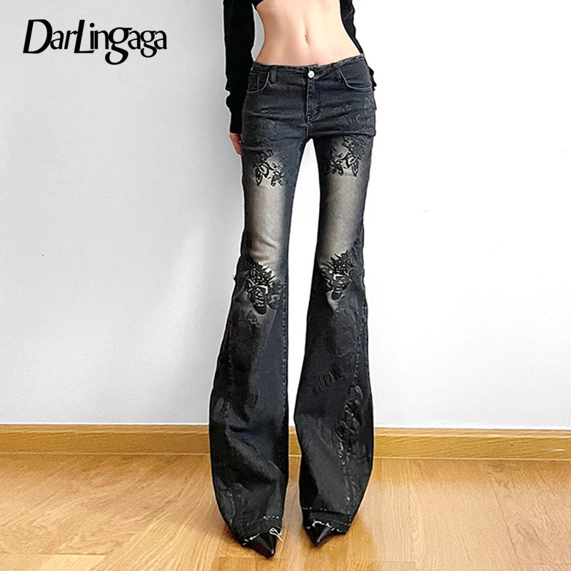 Darlingaga Fairycore Vintage Floral Skinny Flare Jeans Denim Low Rise Y2K Chic Aesthetic Women Trousers Distressed Gothic Pants 240806