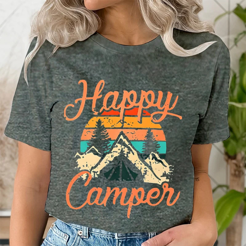 Mountain Adventure Print T Shirt Women Kawaii Graphic Shirts Casual Short Sleeved Black Female Tee O-neck Harajuku T-shirts Tops 240806