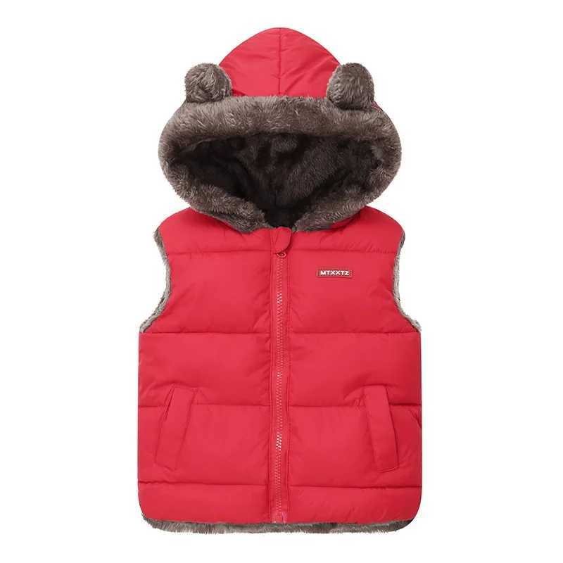 New autumn and winter plush hooded bunny ear fashionable and cute sports vest and 1-6 year warm solid color vestW240724