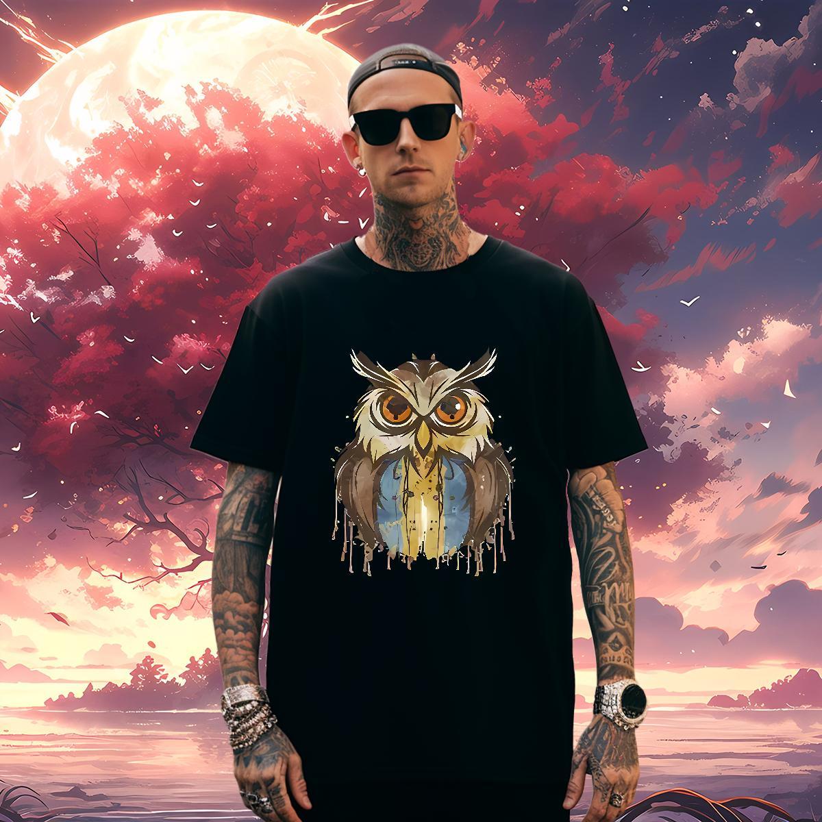 T Shirt For Man 100% Cotton 230g Owl Spring Summer Round Neck Short Sleeve DIY Printed Men Tees Free Shipping High Quality Clothings