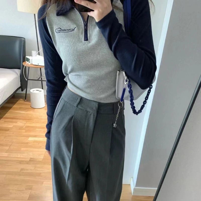 Embroidered polo shirt womens high-quality long sleeved breathable womens casual T-shirt Y2k polo neck slim cut top 240827