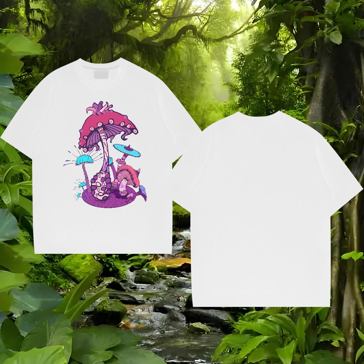 Fashion New T shirt 230g Pure Cotton mushroom Anime Printing Street Tops Tees Breathable Short Sleeve Wholesale Tshirt for Man Woman White Plus Size